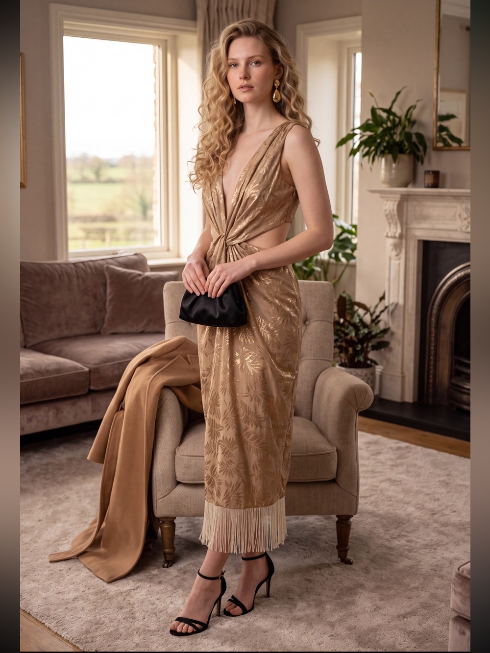 Song of Style Russel Gold Twist-Front Midi Dress with Fringe